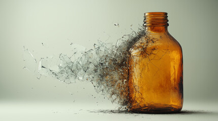 Glass bottle shattering into fragments against light background capturing moment of impact. Breaking free concept