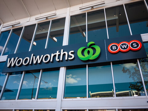 Sign of Woolworths supermarket and BWS on a building in Melbourne Australia. BWS is an Australian retail chain of liquor stores owned by Woolworths Limited.