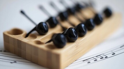 Earphones arranged symmetrically on a wooden music sheet holder.