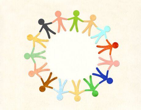 Horizontal background with colorful cutout paper people. Paper human figures holding hands together. International day for tolerance topic. Inclusion, diversity, acceptance, unity and teamwork concept - Powered by Adobe