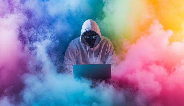 Hooded figure using laptop amidst colorful smoke. (1)