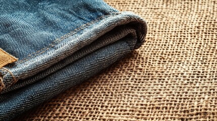 Folded long jeans on a rustic burlap fabric surface with contrasting textures.