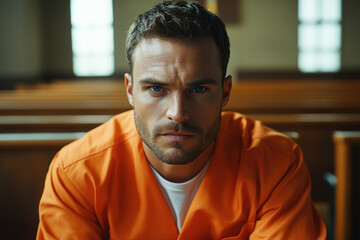 Obraz premium Man in orange prison uniform, gripping bars in jail cell, looking out with sad expression. Lone cot, dim lighting, indicating isolation and confinement.