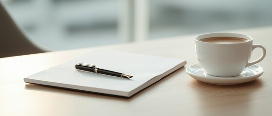 Warmth coziness well-being concept. Calm workspace with a cup of coffee, pen, and notepad on a wooden table, perfect for productivity and creativity.