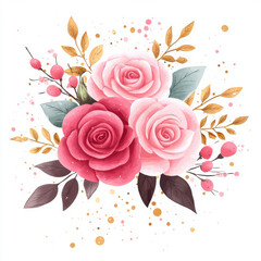Pink and red roses with gold leaves and berries on white background