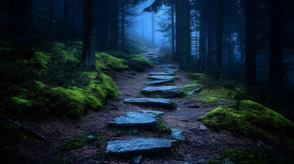 Serene Pathway Through Enchanting Forest Surrounded by Lush Greenery and Sunlight Filtering Through the Trees Inviting Tranquility and Exploration