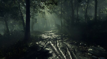 Mysterious Dark Forest Pathway Surrounded by Towering Trees and Dense Foliage Evoking a Sense of Adventure and Intrigue in Nature's Depths