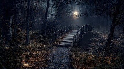 Tranquil Wooden Bridge Nestled Amongst Lush Green Forest Surrounded by Tall Trees and Gentle Sunlight Creating a Peaceful Natural Atmosphere