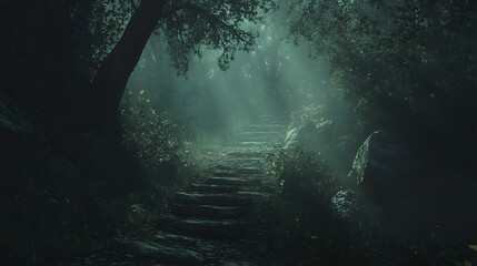 Mysterious Dark Forest Pathway Illuminated by Soft Moonlight Inviting Exploration Through Dense Trees and Whispering Shadows of Nature's Beauty