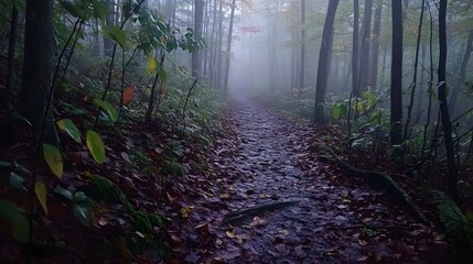 Mysterious Foggy Trail in Enchanted Forest Inviting Explorers to Discover Nature's Secrets Surrounded by Lush Greenery and Whispering Trees