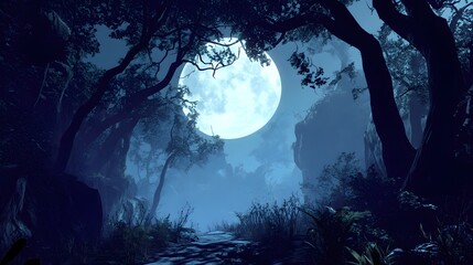 Mysterious Dark Forest Illuminated by a Full Moon casting Ethereal Light through the Trees creating an Enigmatic Nighttime Atmosphere in Nature