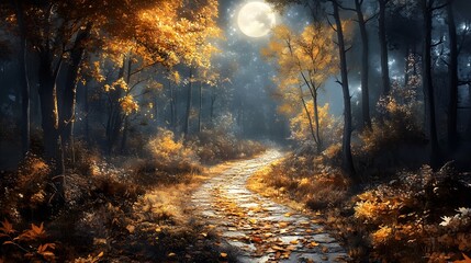 Enchanting Pathway Through Lush Forest Illuminated by Bright Full Moonlight Creating a Mystical and Tranquil Atmosphere for Evening Walks
