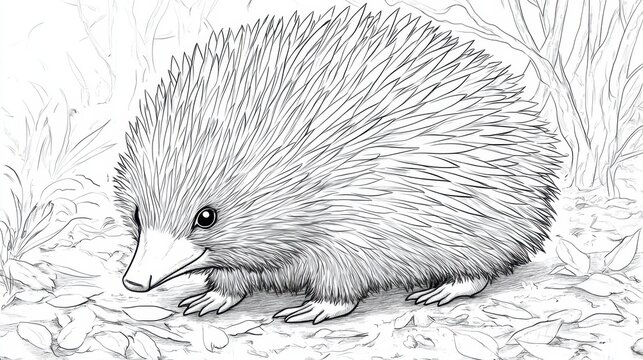 Quirky echidna exploring a natural habitat in a charming coloring page designed for creativity and relaxation