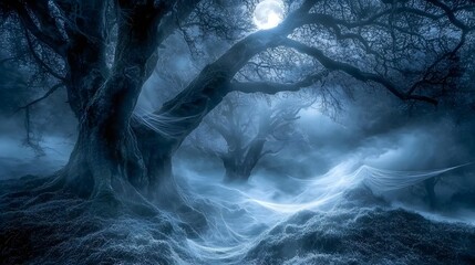 Mysterious Dark Forest with a Long White Trail Winding Through Dense Trees Evoking a Sense of Adventure and Intrigue in a Natural Setting