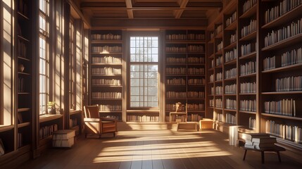 Obraz premium Quiet library with rows of bookshelves