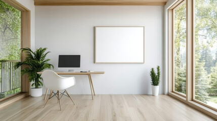 spacious home office with modern desk, computer, and plants