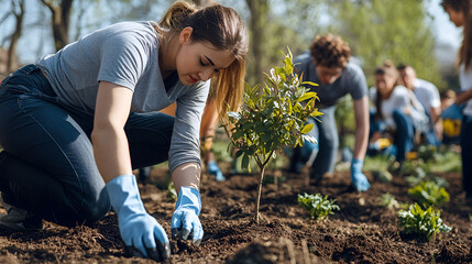 Young woman in blue gloves planting saplings in a vibrant garden, surrounded by lush greenery, symbolizing Earth and Environmental Day celebration