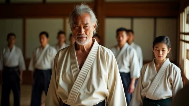 An elderly aikido master in a martial arts dojo surrounded by his students. Concept of a lifetime of skill, excellence and dedication.