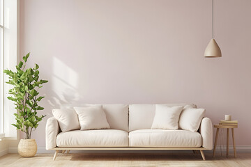 Minimalist living room with a beige couch, leafy plant, and wooden side table, all under soft, chill lighting creating a relaxed and stylish atmosphere
