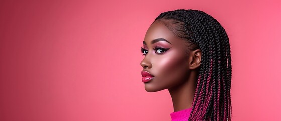 A lovely young black woman with braids and pink clothing on a pink background