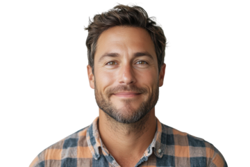 Smiling man with beard wearing a checkered shirt against a plain background