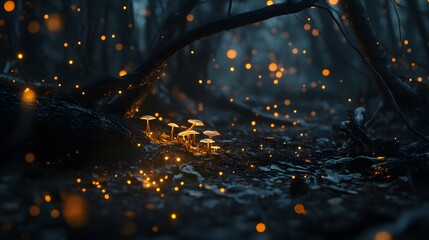 Enchanting Mushroom Surrounded by Glowing Fireflies in a Lush Green Forest Creating a Magical and Whimsical Nighttime Nature Scene of Wonder