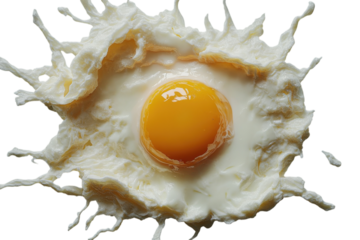 Splattered egg creates an artistic display of yolk and white in high contrast
