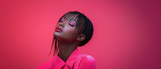 A lovely young black woman with braids and pink clothing on a pink background