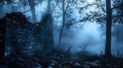 Ancient Stone Wall Surrounded by Lush Green Forest Creating a Rustic and Timeless Atmosphere Evoking Nature's Beauty and Serenity in the Woods