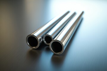 Fototapeta premium Three shiny metal pipes on dark surface.