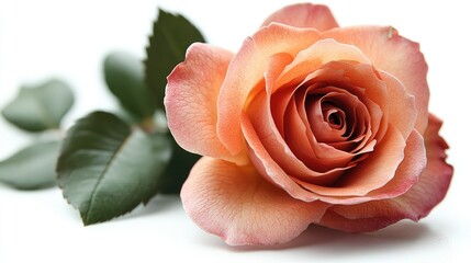  A delicate pink rose with soft petals and green leaves, symbolizing beauty and love.