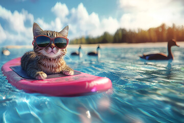 Cheeky cat rocking sunglasses, relaxing on a pink paddleboard in the ocean, with ducks and a distant shoreline creating a playful, carefree scene