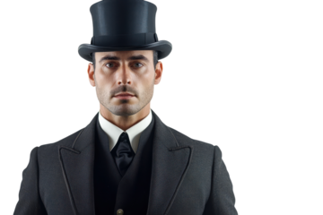 Man in formal attire wearing a top hat poses against a white background showcasing vintage fashion style