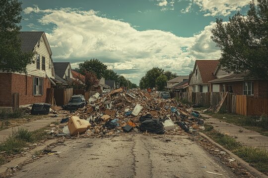Aftermath of a massive tornado in Moore, Oklahoma, with rubble piles blocking streets, residents adding debris from homes and cars, destroyed houses in the background.