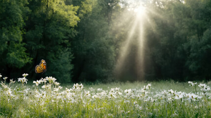 Fototapeta premium butterfly flying over field of flowers in sunlit forest