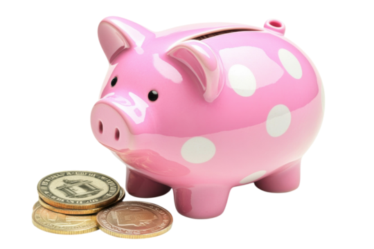 Cute pink piggy bank with coins placed beside it on a white background