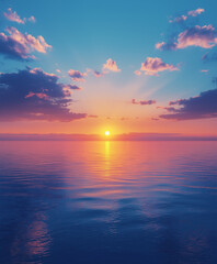 Fototapeta premium A breathtaking scene featuring a vibrant blue sky with white clouds and a golden sunset reflecting on the sea, captured in high-definition photography with rich colors and radiant golden light