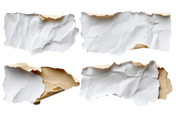 Torn and crumpled paper pieces showcasing texture and layering against a plain background