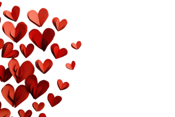 Beautiful collection of red paper hearts scattered artistically on a white background creating a romantic atmosphere