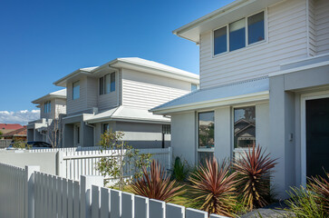 A row of modern white double-story townhouses with weatherboard cladding and contemporary...