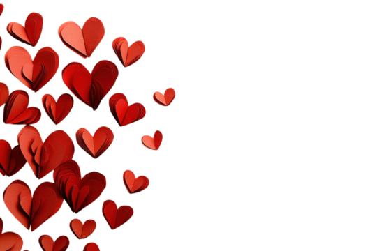 Beautiful collection of red paper hearts scattered artistically on a white background creating a romantic atmosphere