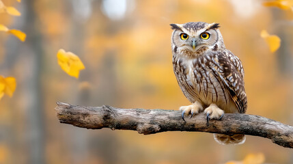 Obraz premium mystical owl perched on branch with glowing eyes in autumn