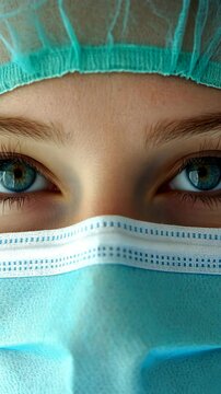 Healthcare worker with blue eyes wearing a medical mask and cap in a clinical setting