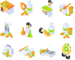 Pharmacy drugs set icon isometric style