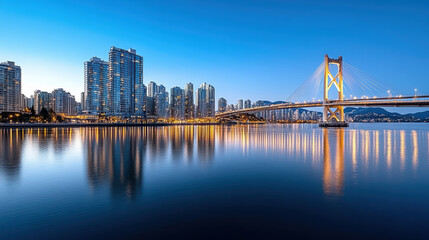Naklejka premium serene skyline city at dusk with silhouette of bridge and reflections