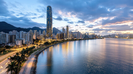 Fototapeta premium skyline city at dusk with blend of natural and urban elements