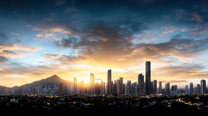 Obraz premium skyline city at dusk with dramatic sky and silhouette of buildings