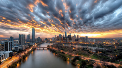 Fototapeta premium stunning skyline city at dusk with dramatic cloud formations and vibrant colors