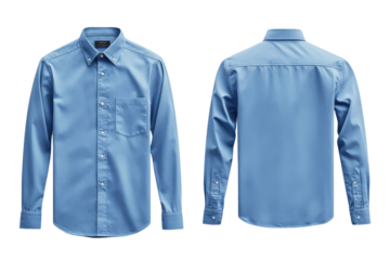 Light blue long sleeve shirt with button-down collar and single chest pocket showcased from front and back angles