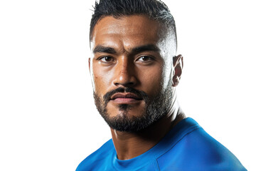 Obraz premium Portrait of a determined athlete showcasing strength and focus in a blue sports jersey with a neutral background
